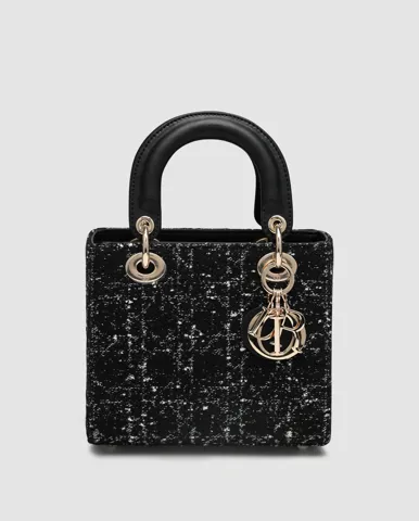 Dior Small Lady Bag Black Tweed/White Cannage Motif